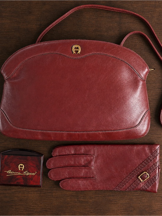 Etienne Aigner Handbags - Vintage Etienne Aigner 1980s Oxblood Cordovan Leather Handbag Set Gloves Mirror